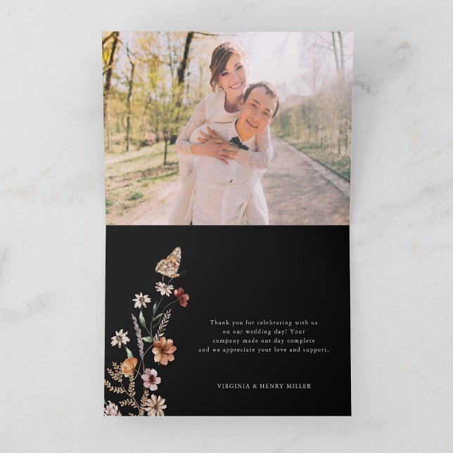 Cartão de Agradecimento de Casamento Boho Floral P (Folding Photo Black Floral Boho Wedding Thank You Card by Painted Paperie
)