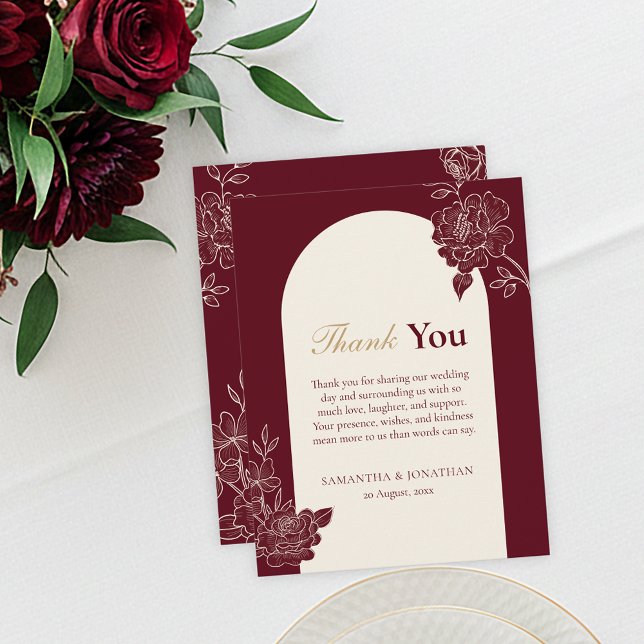 Cartão de Agradecimento de Casamento com Arco Flor (Deep Burgundy Floral Line Art with Ivory Arch Wedding Thank you Card)