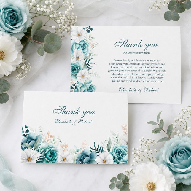 Cartão de Agradecimento de Casamento com Flor Silv (Teal Wildflower Wedding Thank You Card)