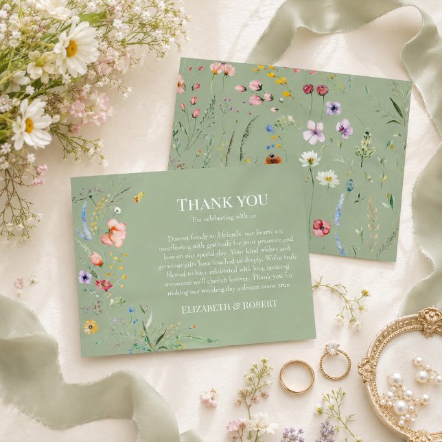 Cartão de Agradecimento de Casamento com Flor Silv (Sage Green Wildflower Wedding Thank You Card)