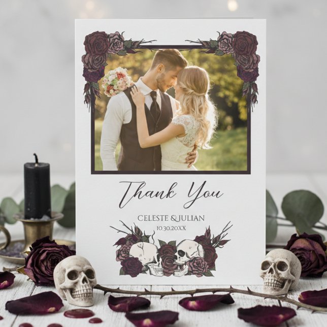Cartão de Agradecimento de Casamento com Foto de C (Elegant Burgundy Dark Floral Skull and Rose Wedding Thank You Cards, Hand Drawn in Black Ink)