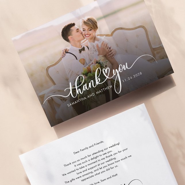 Cartão de Agradecimento de Casamento com Foto e Le (Wedding Photo Couples Elegant Script Thank You Card)