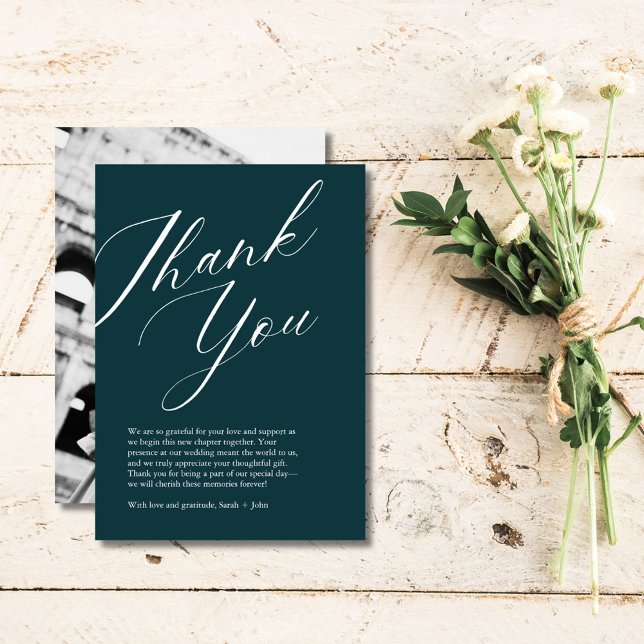 Cartão de Agradecimento de Casamento com Foto e Ro (Minimalist Script Photo Wedding Thank You Card)