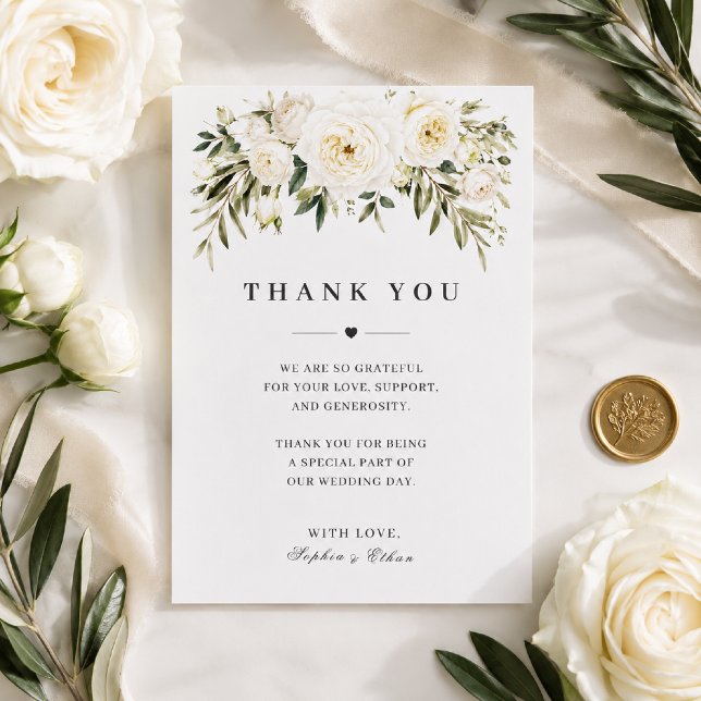 Cartão de Agradecimento de Casamento com Rosas Bra (Elegant flat lay showcasing our White Garden Roses thank you card.)