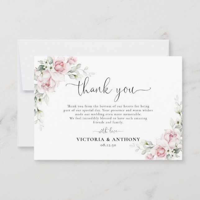 Cartão de Agradecimento de Casamento com Rosas Ros (Frente)