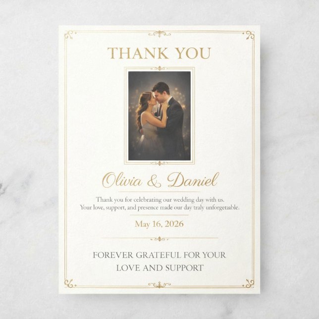 Cartão de Agradecimento de Casamento de Luxo com F (Elegant Gold Wedding Thank You Card — Romantic Photo Design for Modern Couples)