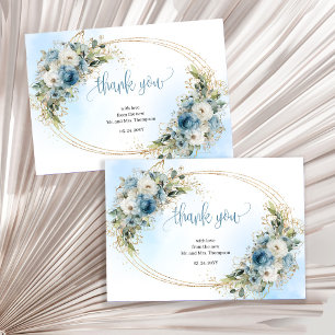 Cartão de agradecimento de casamento dourado azul 