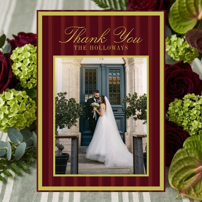 Cartão de Agradecimento de Casamento Elegante com  (Elegant Burgundy Stripe Wedding Thank You Card)