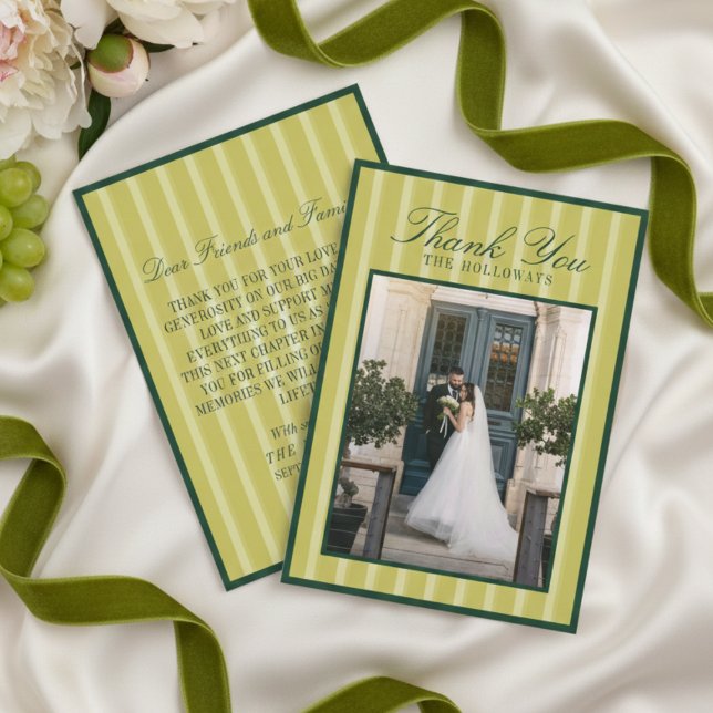 Cartão de Agradecimento de Casamento Elegante com  (Elegant Chartreuse Stripe Wedding Thank You Card)