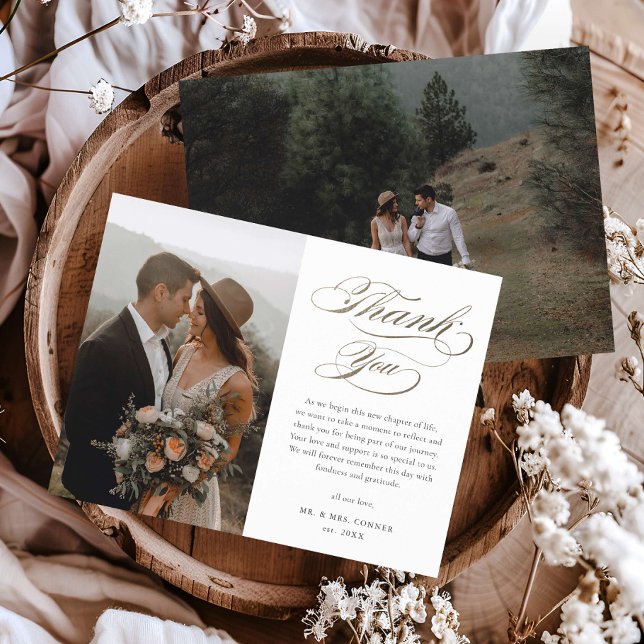 Cartão de Agradecimento de Casamento Elegante com  (Elegant gold calligraphy script budget wedding photo thank you cards.)
