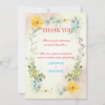 Cartão de Agradecimento de Casamento Floral Amarel
