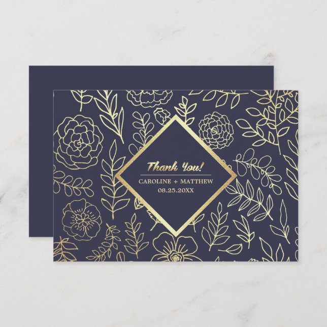 Cartão de Agradecimento de Casamento Floral Azul M (Frente/Verso)