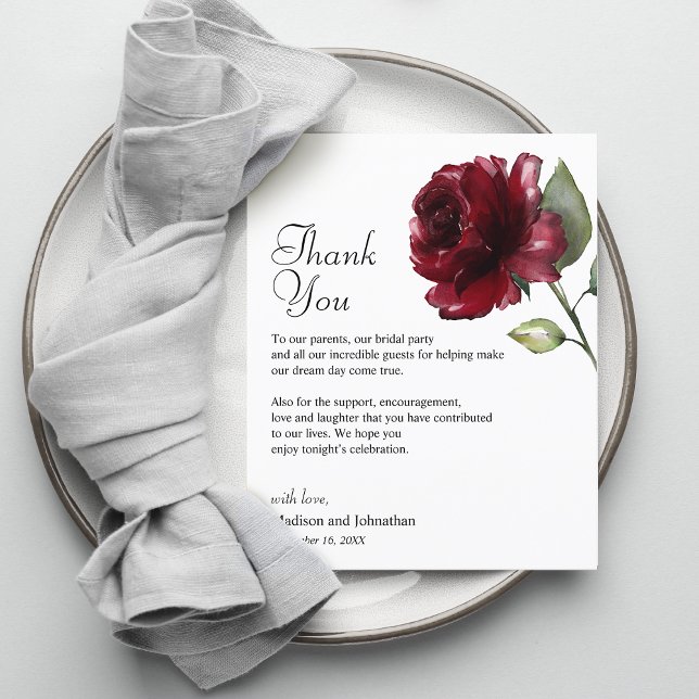 Cartão de Agradecimento de Casamento Floral Borgon (Floral Burgundy Thank You Wedding Reception Card)
