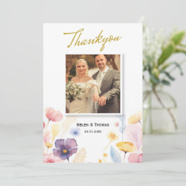 Cartão de Agradecimento de Casamento Floral Gold