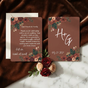 Cartão de agradecimento de casamento floral marrom