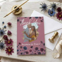 Cartão de Agradecimento de Casamento Floral Roxo e