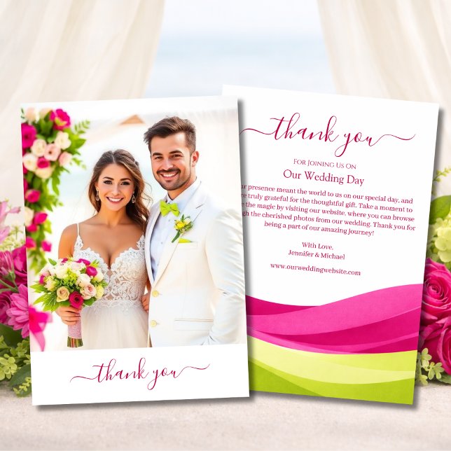 Cartão de Agradecimento de Casamento Fuchsia e Ver (Fuchsia and Lime Green Wedding Thank You Card )