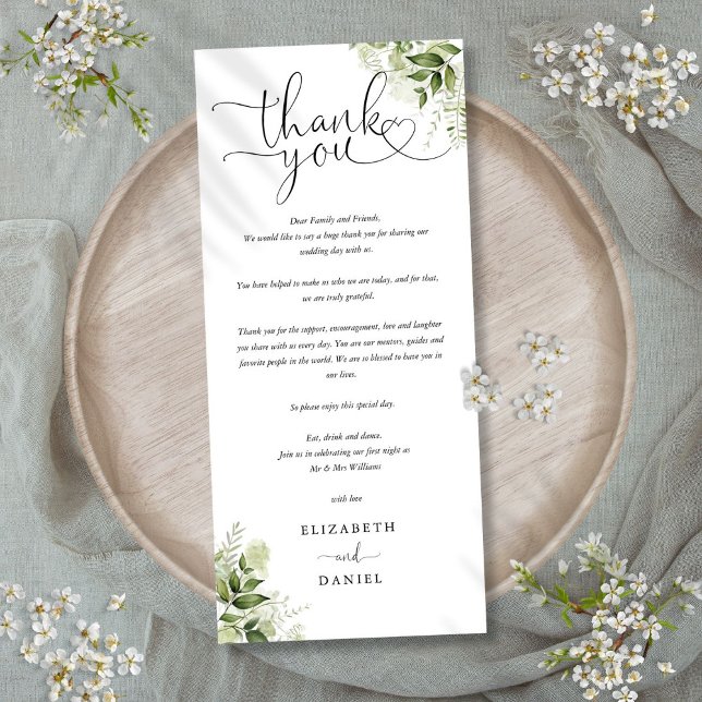 Cartão de Agradecimento de Casamento Greenery Scri (Greenery Script Wedding Thank You Place Card)