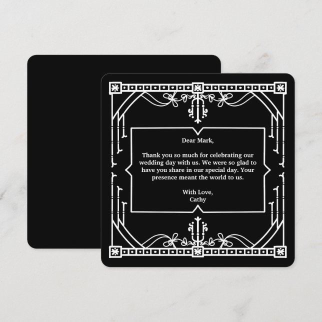 Cartão de Agradecimento de Casamento Preto (Frente/Verso)