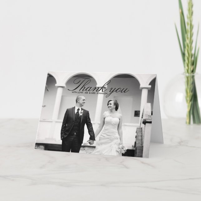 Cartão de Agradecimento de Casamento Preto e Branc (Frente)