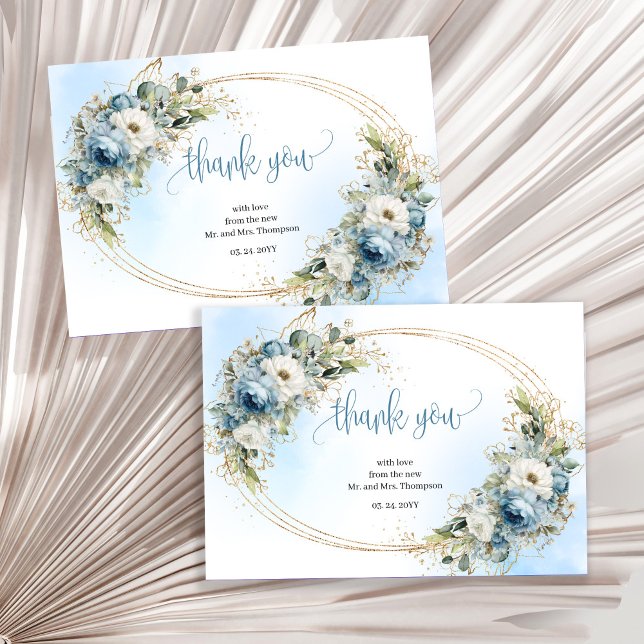 Cartão de agradecimento de casamento Refined Dusty (Refined Dusty Blue Gold Wedding thank you card)