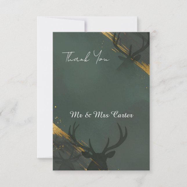 Cartão de Agradecimento de Casamento Verde Dourado (Frente)