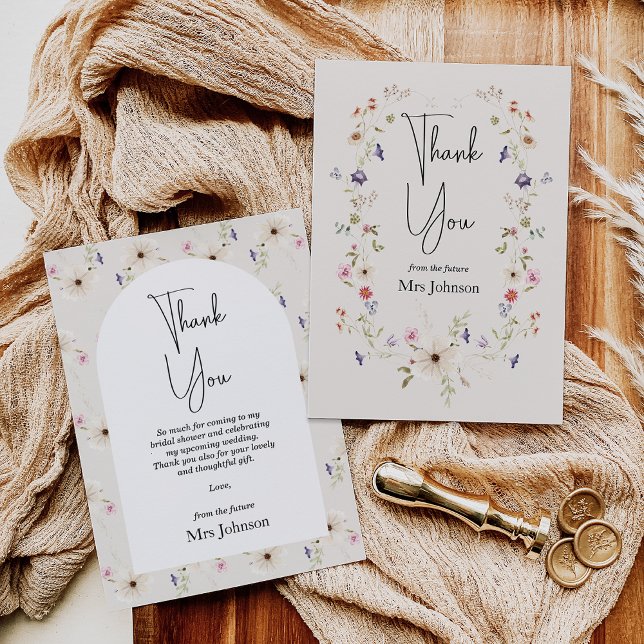 Cartão de Agradecimento de Chás de Noiva com Flor  (Wildflowers Bridal Shower Thank You Card, Future Mrs Bridal Shower Card, Beige, wildflowers Wreath)