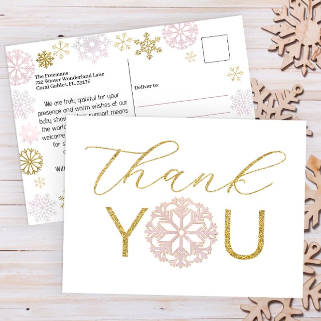 Cartão de Agradecimento de Chuvada de Bebê Floco d (Pink & Gold Winter Wonderland Baby Shower Thank You Postcard)