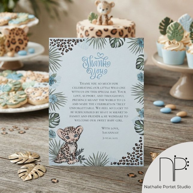 Cartão de agradecimento de chuvada de bebê Leopard (Hand-drawn baby leopard cub, jungle leaves, and blue florals for safari boy thank you notes)