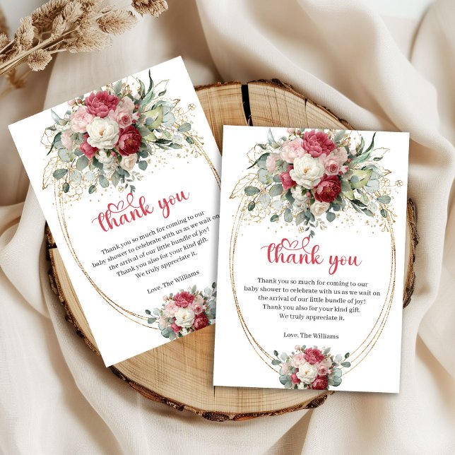 Cartão de Agradecimento de Chuvinha de Bebê Boho B (Boho Blush Red Greenery Baby Shower Thank You Card)