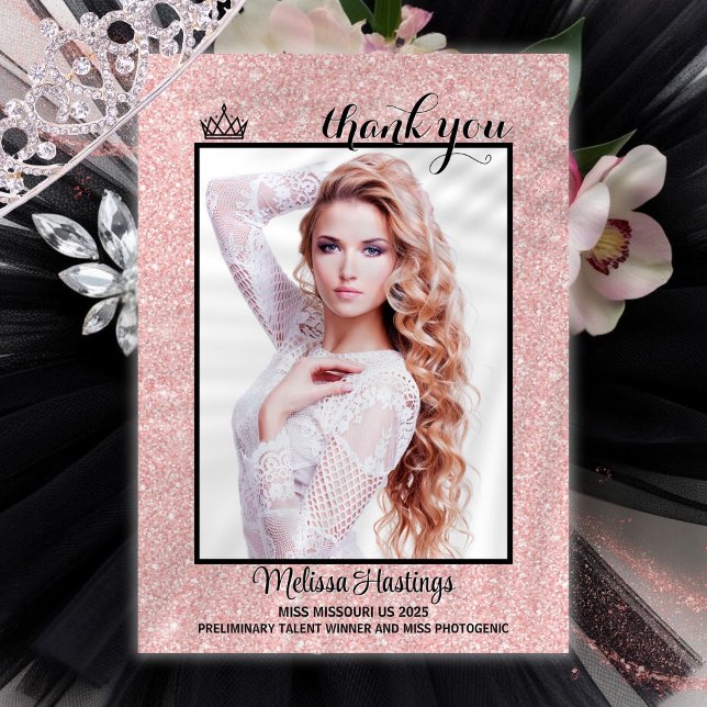 Cartão de Agradecimento de Concurso Rosa Dourado B (This double sided pageant thank you card features your photo and text to thank your supporters)