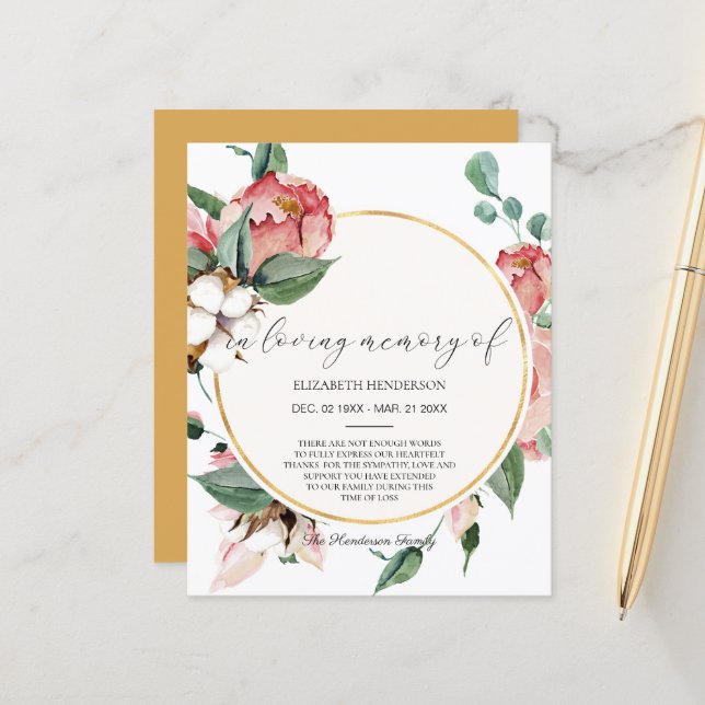 Cartão de Agradecimento de Condolências de Orçamen (Frente/Verso In Situ)