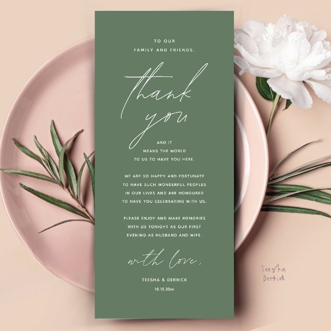 Cartão de Agradecimento de Configuração de Jantar  (Modern Wedding Dinner Place Setting Thank You Card Reception Brunch Lunch in sage green)