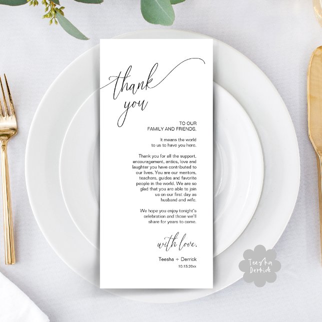 Cartão de Agradecimento de Configuração de Jantar  (Modern Wedding Dinner Brunch Place Setting Thank You Card romantic in aesthetic classy white black)
