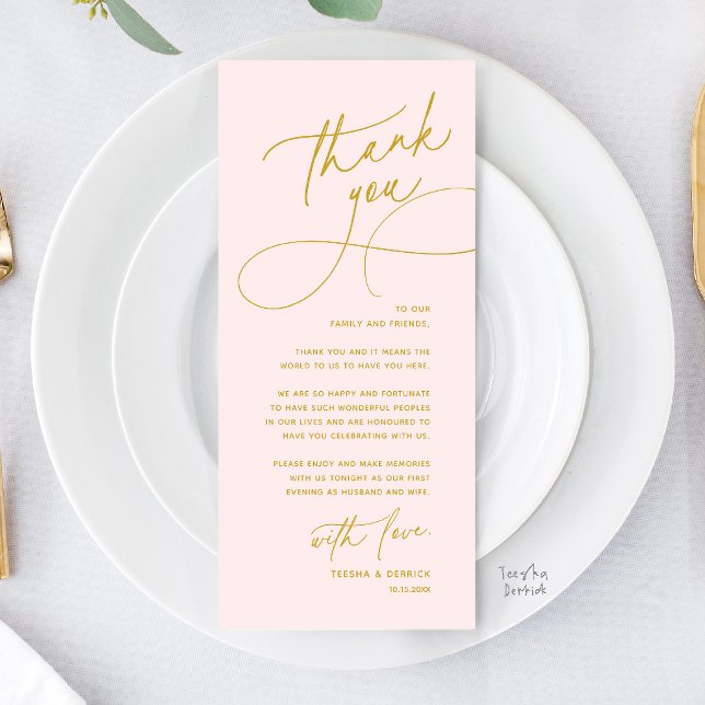 Cartão de Agradecimento de Configuração de Local d (Romantic Wed Dinner Place Setting Thank You Card in Gold Yellow Blush)
