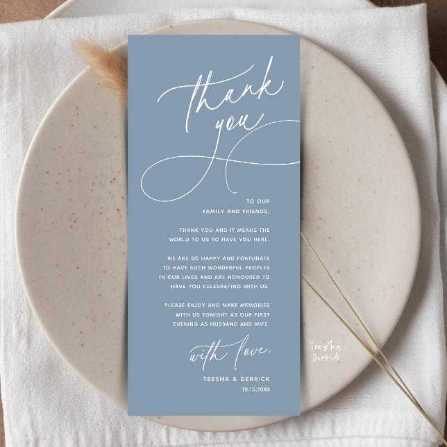 Cartão de Agradecimento de Configuração de Local d (Romantic Wedding Place Setting Thank You Card in Dusty Blue)