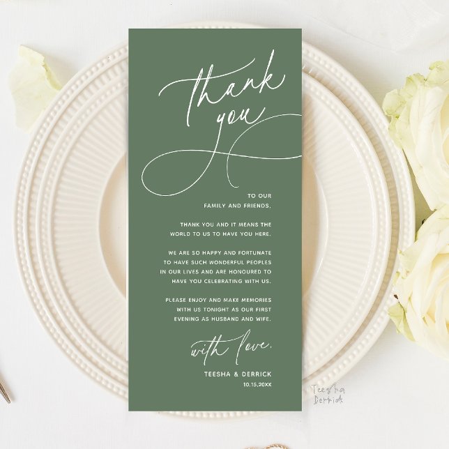 Cartão de Agradecimento de Configuração de Local d (Romantic Wedding Place Setting Thank You Card in Sage Green)