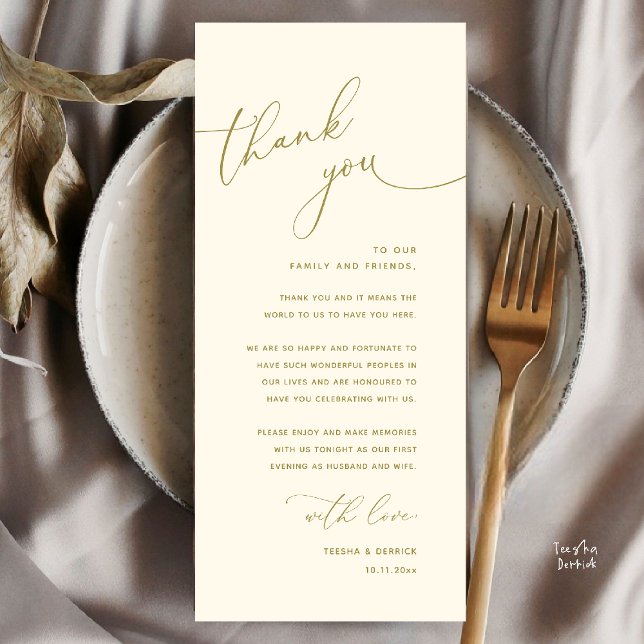 Cartão de Agradecimento de Configuração de Local d (Welcome n Thanks Wedding Reception Dinner Brunch Lunch Thank You Card in Yellow Gold)