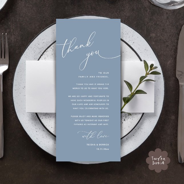 Cartão de Agradecimento de Configuração de Local d (Welcome n Thanks Wedding Reception Dinner Brunch Lunch Thank You Card in Dusty Blue)