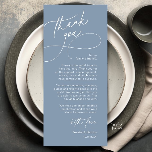 Cartão de Agradecimento de Configuração de Local d (Elegant Wedding Place Setting Thank You Card in Dusty Blue)