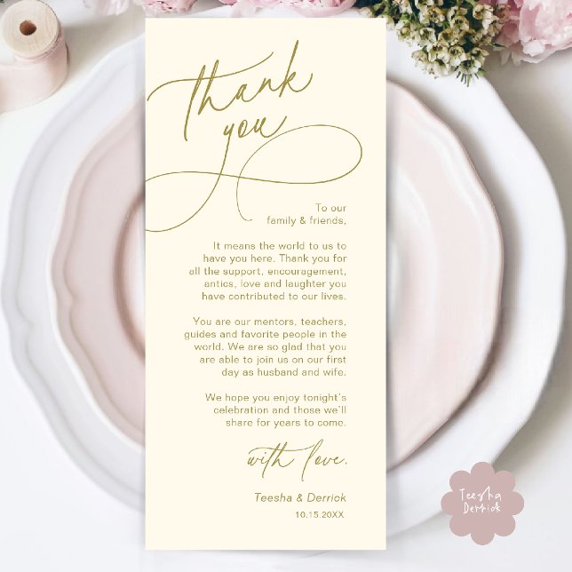 Cartão de Agradecimento de Configuração de Local d (Elegant Wedding Place Setting Thank You Card in Gold Cream)
