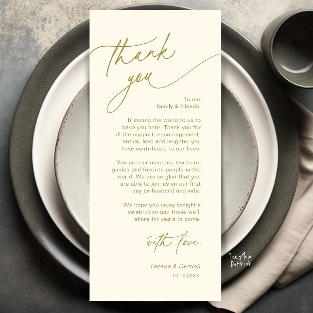 Cartão de Agradecimento de Configuração de Local d (Elegant Wedding Place Setting Thank You Card in Cream and Gold)