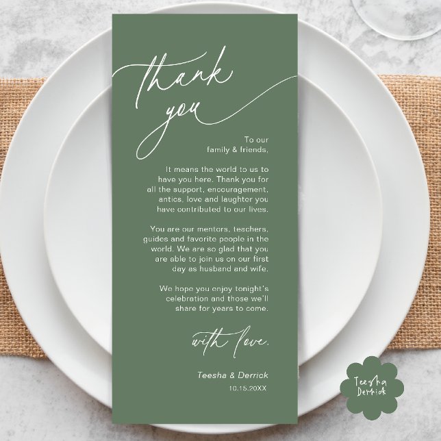 Cartão de Agradecimento de Configuração de Local d (Elegant Wedding Place Setting Dinner Thank You Card in Sage Green)