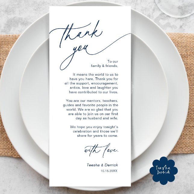 Cartão de Agradecimento de Configuração de Local d (Elegant Wedding Place Setting Dinner Thank You Card in Navy Blue)