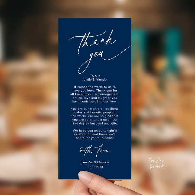 Cartão de Agradecimento de Configuração de Local d (Elegant Wedding Place Setting Dinner Thank You Card in Navy Blue)