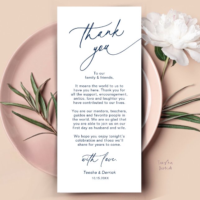 Cartão de Agradecimento de Configuração de Local d (Elegant Wedding Place Setting Dinner Thank You Card in Navy Blue)