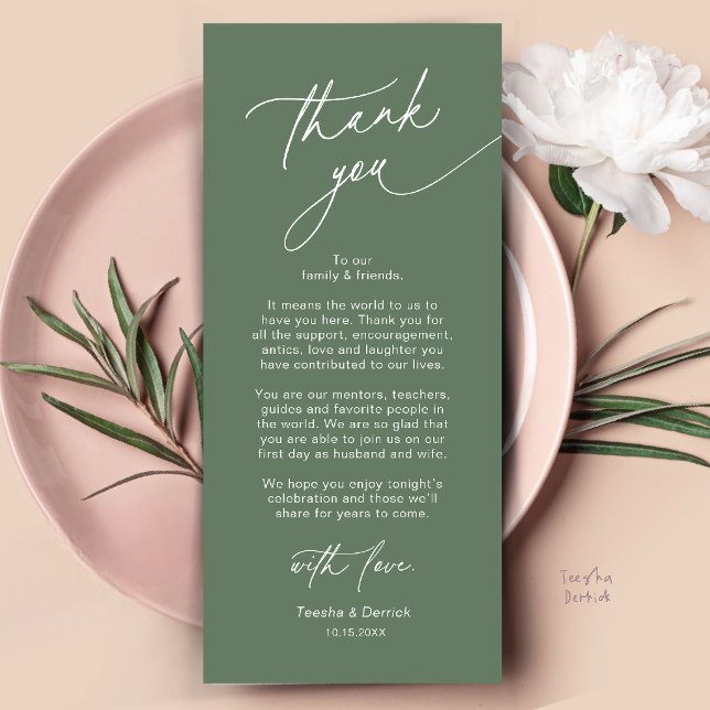 Cartão de Agradecimento de Configuração de Local d (Elegant Wedding Place Setting Dinner Thank You Card in Sage Green)