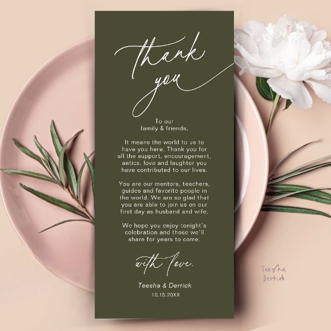 Cartão de Agradecimento de Configuração de Local d (Elegant Wedding Place Setting Dinner Thank You Card in Olive Green)