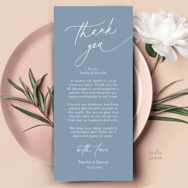 Cartão de Agradecimento de Configuração de Local d (Elegant Wedding Place Setting Dinner Thank You Card in Dusty Blue)