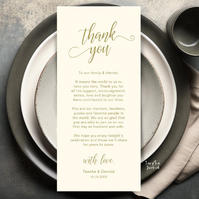 Cartão de Agradecimento de Configuração de Local d (Elegant Wedding Place Setting Thank You Card in yellow cream and gold)